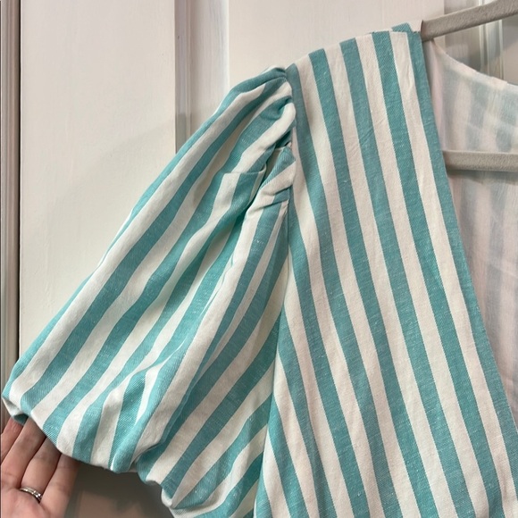 NWT Draper James Teal and White Puff Sleeve True Wrap Linen Mini Dress - Size XL - Picture 5 of 16